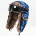 thumbnail image 1 of TKKCS Unisex Winter Plaid Trapper Hat with Matching Goggles Faux Fur Ear Flaps Windproof Warm Ski Hat Blue Free Size, 1 of 6