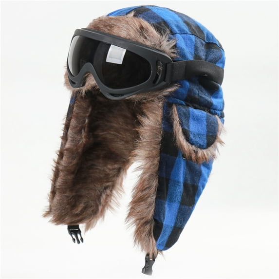 TKKCS Unisex Winter Plaid Trapper Hat with Matching Goggles Faux Fur Ear Flaps Windproof Warm Ski Hat Blue Free Size
