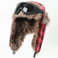 thumbnail image 1 of TKKCS Unisex Winter Plaid Trapper Hat with Matching Goggles Windproof Warm Faux Fur Ear Flaps Ski Hat Red Free Size, 1 of 6