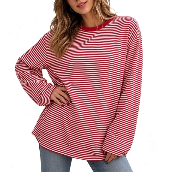 TKKCS Womens Striped Long Sleeve Crew Neck Shirts Cotton Blend Drop Shoulder Fashion Casual Loose Fit Comfort Tee Red L