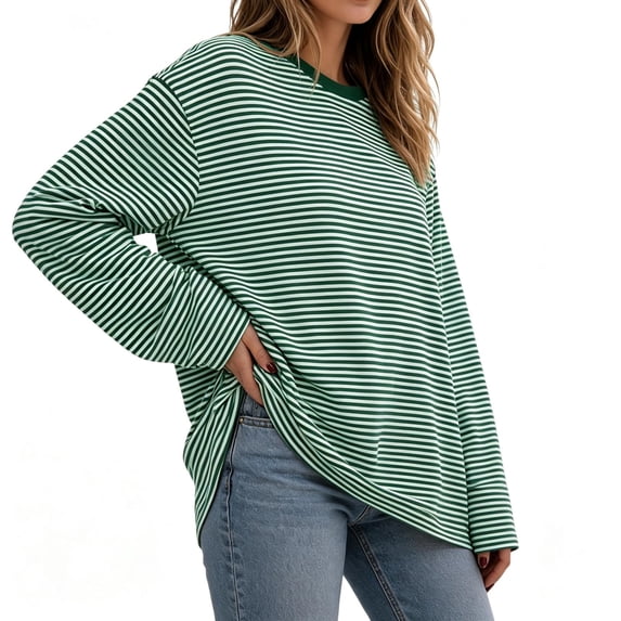 TKKCS Womens Striped Long Sleeve Crew Neck Shirts Cotton Blend Loose Fit Fashion Casual Drop Shoulder Comfort Tee Green XL