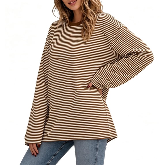 TKKCS Womens Striped Long Sleeve Crew Neck Shirts Drop Shoulder Fashion Casual Loose Fit Cotton Blend Comfort Tee Brown XL
