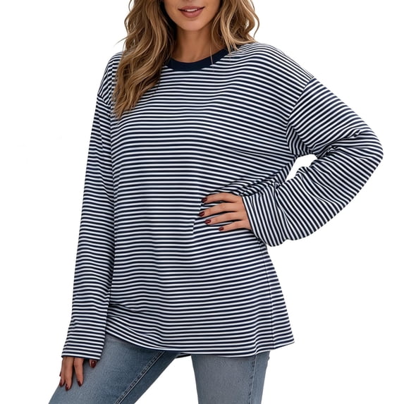 TKKCS Womens Striped Long Sleeve Crew Neck Shirts Loose Fit Fashion Casual Cotton Blend Drop Shoulder Comfort Tee Navy S