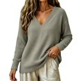 thumbnail image 1 of TKKCS Womens Waffle Knit V Neck Long Sleeve Tops Loose Fit Daily Casual Soft Stretch Pullover Oversized Blouses Gray 2XL, 1 of 8