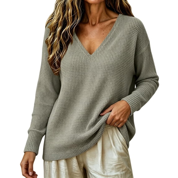 TKKCS Womens Waffle Knit V Neck Long Sleeve Tops Loose Fit Daily Casual Soft Stretch Pullover Oversized Blouses Gray 2XL