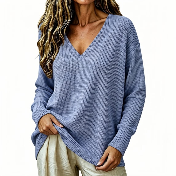 TKKCS Womens Waffle Knit V Neck Long Sleeve Tops Loose Fit Soft Stretch Pullover Daily Casual Oversized Blouses Navy XL