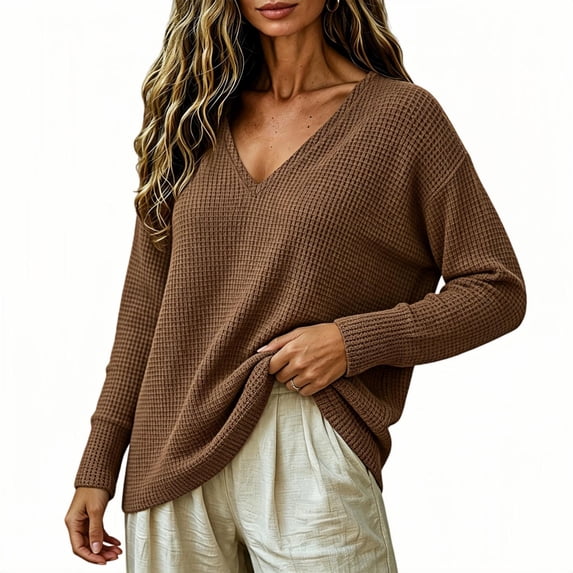 TKKCS Womens Waffle Knit V Neck Long Sleeve Tops Pullover Daily Casual Loose Fit Soft Stretch Oversized Blouses Brown S