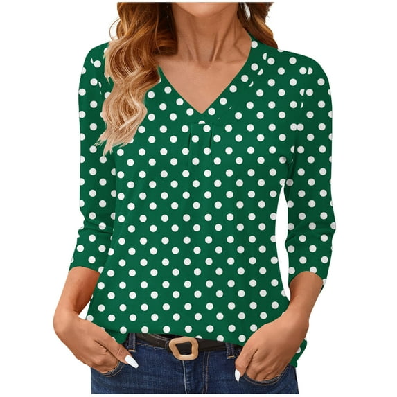 TKLPEHG 3/4 Length Sleeve Tops for Women Fashion Polka Dots Print V Neck Tunic Tops Loose Fit Three-quarter Sleeve Shirts Solid Color Work Blouses (Army Green,S)