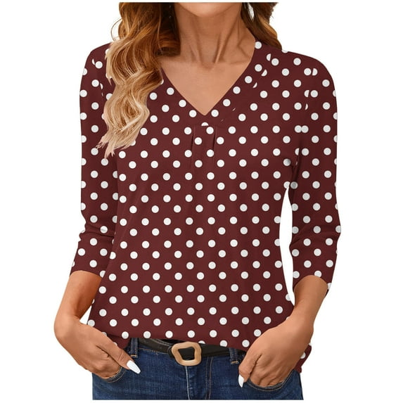 TKLPEHG 3/4 Length Sleeve Tops for Women Fashion Polka Dots Print V Neck Tunic Tops Loose Fit Three-quarter Sleeve Shirts Solid Color Work Blouses (Wine,XL)