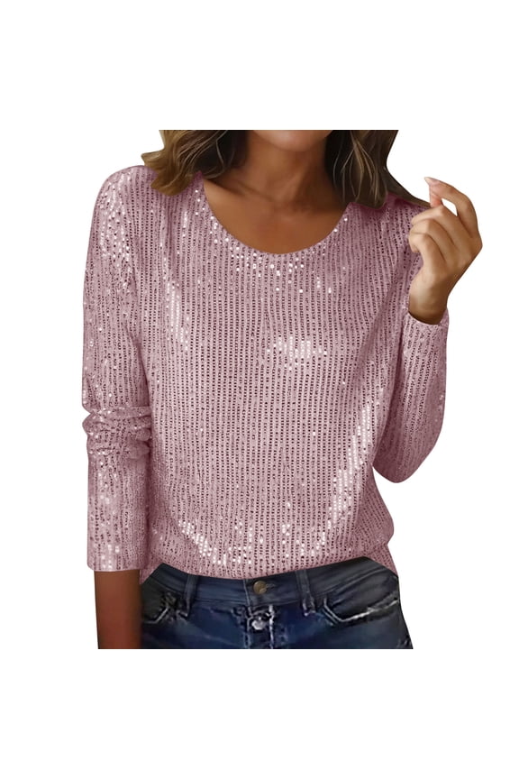 3/4 Length Sleeve Women's Shirts Loose Fit Glitter Shirts Sequin Tunic Tops for Party, Evening Crew Neck Solid Color Blouses (Pink,L)