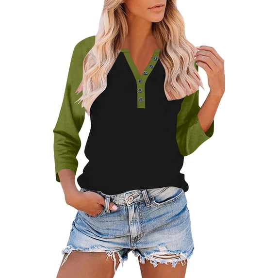 TKLPEHG 3/4 Length Sleeve Womens Tops Dressy Casual Button V Neck Henley Shirt Comfy Raglan Sleeve Shirts Color Block Tunic Tee Shirt (Green,L)