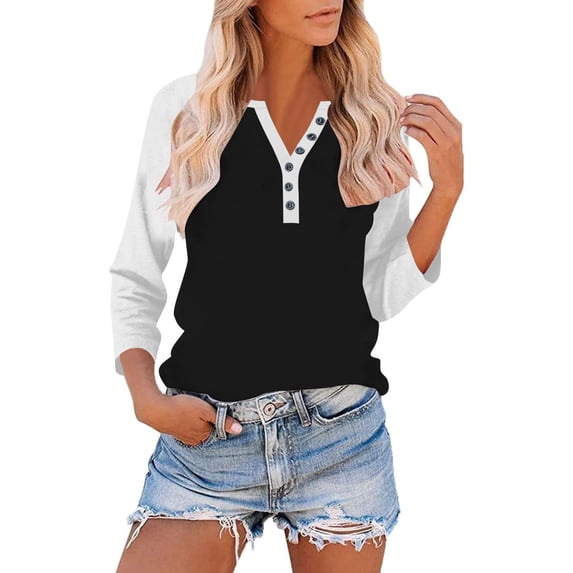 TKLPEHG 3/4 Length Sleeve Womens Tops Dressy Casual Button V Neck Henley Shirt Comfy Raglan Sleeve Shirts Color Block Tunic Tee Shirt (White,S)