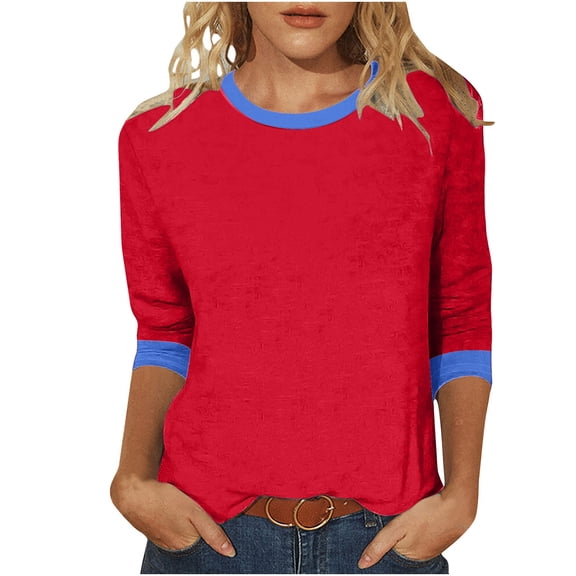 TKLPEHG 3/4 Length Sleeve Womens Tops Dressy Casual Shirts Crew Neck Three-quarter Sleeve Tshirt Loose Fitted Classic Solid Color Tshirt Basic Tops Summer Casual Womens Clothes (Red,XXL)