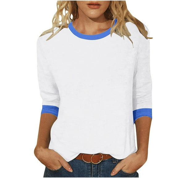 TKLPEHG 3/4 Length Sleeve Womens Tops Dressy Casual Shirts Crew Neck Three-quarter Sleeve Tshirt Loose Fitted Classic Solid Color Tshirt Basic Tops Summer Casual Womens Clothes (Blue,L)