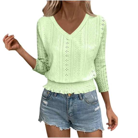 TKLPEHG 3/4 Length Sleeve Womens Tops Fall Eyelet V Neck Shirts Solid Color Fashion Smocked Hem Crop Tops Dressy Casual Tunic Top (Green,L)