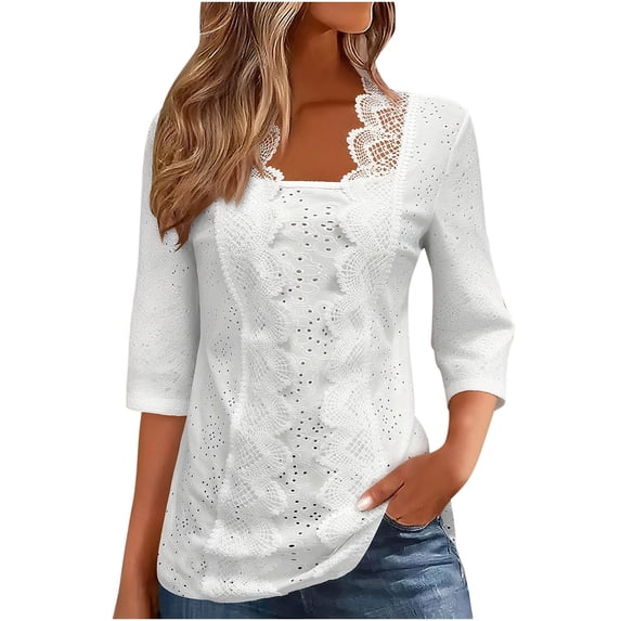 TKLPEHG 3/4 Length Sleeve Womens Tops Lace Trim Eyelet Square Neck Womens Blouses Dressy Casual Comfy Blouses Going Out Office Tunic Tops (White,M)