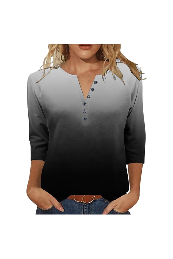 3/4 Length Sleeve Womens Tops Plus Size Gradient V Neck Button Tshirt Dressy Casual Loose Tunic Tops (Black,S)
