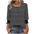 thumbnail image 1 of TKLPEHG 3/4 Length Sleeve Womens Tops Striped Round Neck Button Tunic Top Casual Three-quarter Sleeve Fashion T Shirts (Black,XXL), 1 of 7