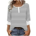 thumbnail image 1 of TKLPEHG 3/4 Length Sleeve Womens Tops Striped Round Neck Button Tunic Top Casual Three-quarter Sleeve Fashion T Shirts (White,S), 1 of 7