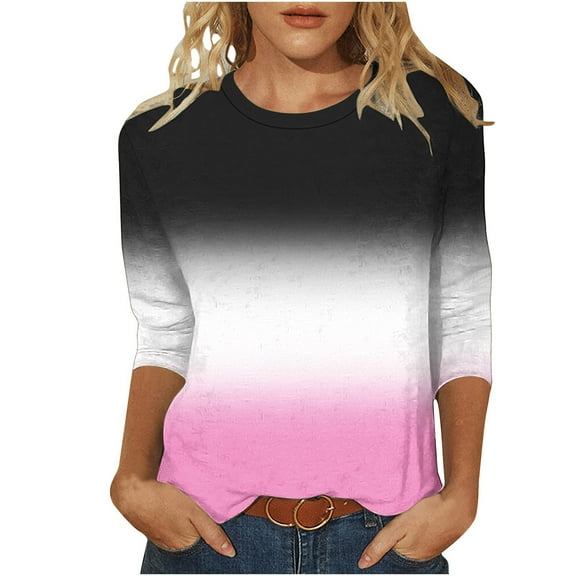 TKLPEHG 3/4 Sleeve Shirts for Women Crew Neck Three-quarter Sleeve Tshirt Classic Gradient Color Tshirt Basic Tops Summer Loose Fitted Casual Blouses (Black,L)