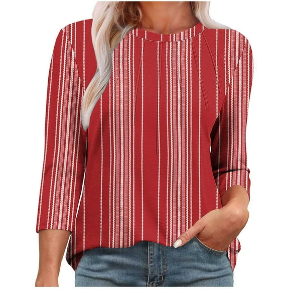TKLPEHG 3/4 Sleeve Shirts for Women Plus Size Crew Neck Three-quarter Sleeve Tshirt Loose Fitted Casual Classic Fashion Print Tshirt Basic Tops Summer Blouses (Red,M)