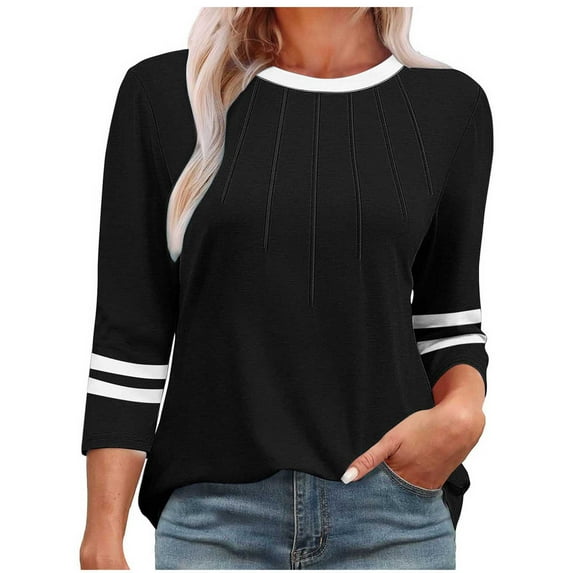 TKLPEHG 3/4 Sleeve Shirts for Women Plus Size Crew Neck Three-quarter Sleeve Tshirt Loose Fitted Casual Classic Solid Color Tshirt Basic Tops Summer Womens Clothes (Black,XXL)