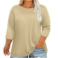 thumbnail image 1 of TKLPEHG 3/4 Sleeve Shirts for Women Plus Size Crew Neck Three-quarter Sleeve Tshirt Loose Fitted Classic Solid Color Tshirt Basic Tops Summer Casual Blouses (Khaki,XL), 1 of 6