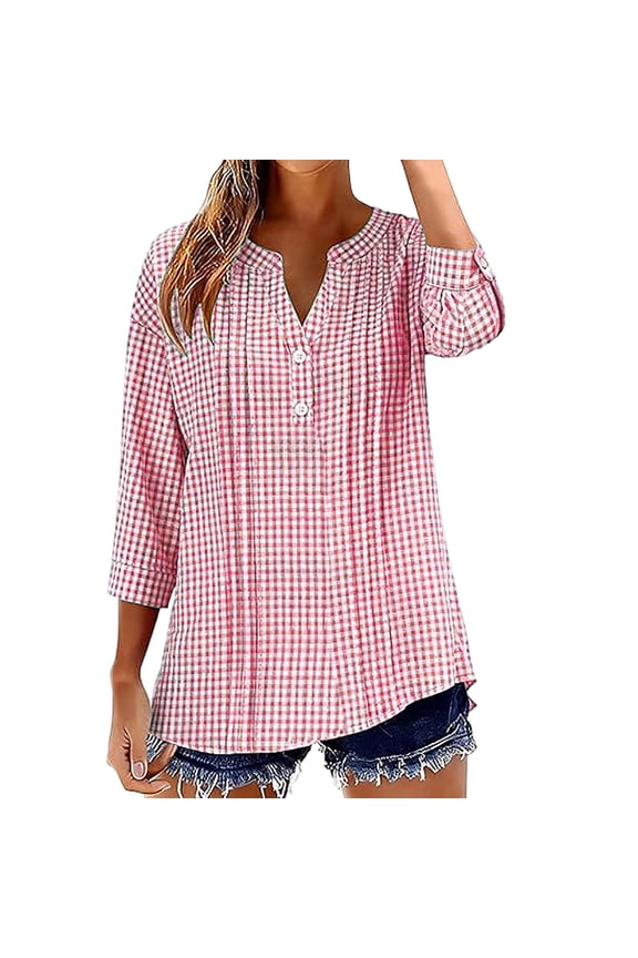 3/4 Sleeve Shirts for Women Linen Button Three-quarter Sleeve Tunic Tops Solid Color Lightweight V-Neck Spring Soft Blouses (Pink,S)