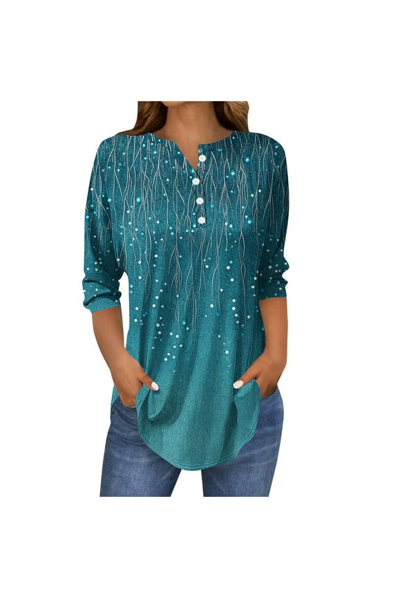 3/4 Sleeve Shirts for Women Spring Fashion Print Womens Clothes Comfy Casual Crew Neck Lightweight Blouses (Light Blue,L)