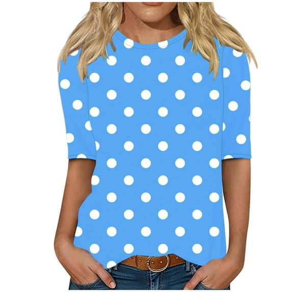 TKLPEHG 3/4 Sleeve Shirts for Women Spring Polka Dots Print Crewneck Business Casual Tops Loose Three Quarter Length Work Blouses (Blue,XXXL)