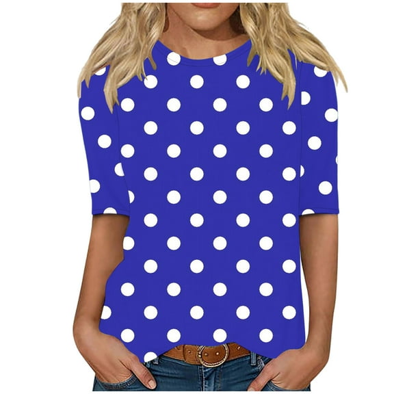 TKLPEHG 3/4 Sleeve Shirts for Women Spring Polka Dots Print Crewneck Business Casual Tops Loose Three Quarter Length Work Blouses (Navy,XL)