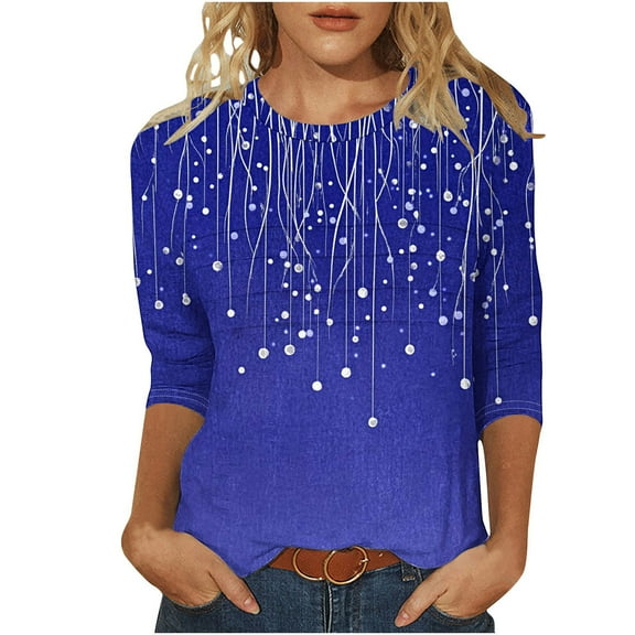 TKLPEHG 3/4 Sleeve T Shirts for Women Crew Neck Loose Fitted Summer Fashion Print Tshirt Dressy Casual Blouses Womens Clothes (Dark Blue,S)