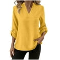 thumbnail image 1 of TKLPEHG 3/4 Sleeve Tops for Women Cotton Linen Roll Sleeve Tunic Tops Spring Soft Lightweight V-Neck Solid Color Blouses (Yellow,XL), 1 of 7