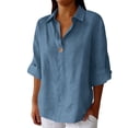 thumbnail image 1 of TKLPEHG 3/4 Sleeve Tops for Women Cotton Linen Turndown Collar Button Tunic Tops Solid Color Spring Soft Lightweight Blouses (Z02_Navy,L), 1 of 5