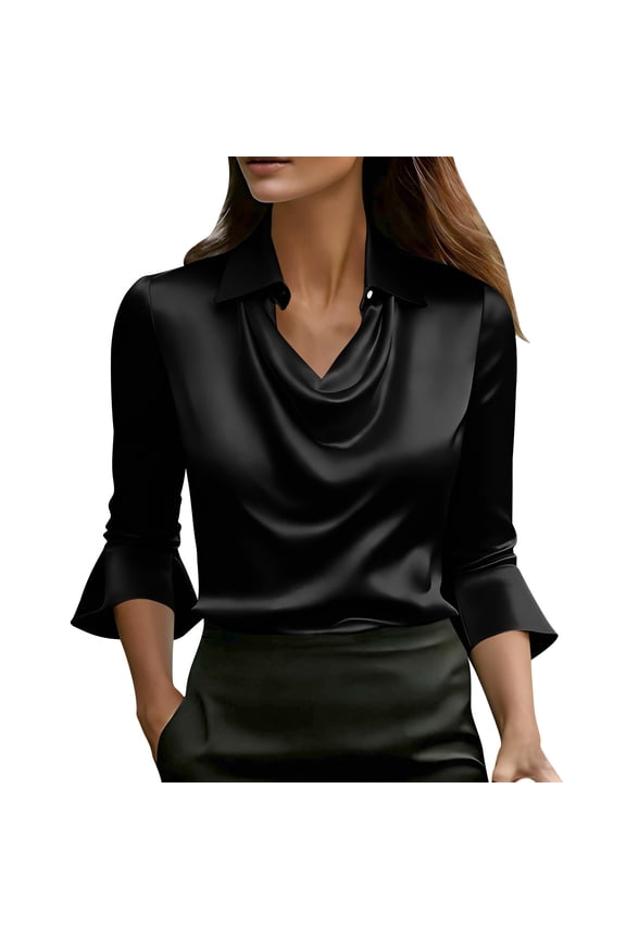 3/4 Sleeve Women's Top Crushed Drape Neck Elegant Three-quarter Sleeves Shirts Spring Soft Lightweight Solid Color V-Neck Shirt (Black,L)