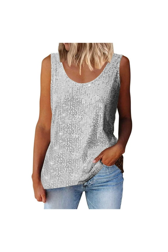 Basic Tank Tops for Women Crew Neck Sequin Tant Top Solid Color Loose Shirts Going Out Tops Casual Summer Fashion Sleeveless T Shirts Blouses (Silver,S)