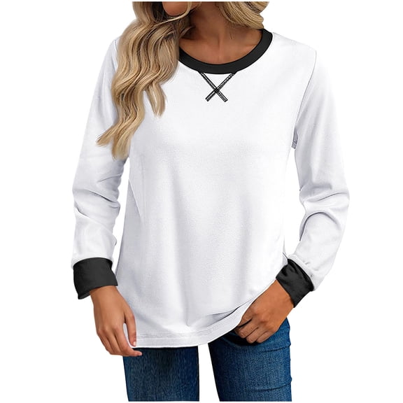 TKLPEHG Blouses for Women Crew Neck Basic Tops Casual Long Sleeve T Shirt Loose Fashion Solid Color Fall Tops Comfy Lightweight Blouses Pullover (White,L)