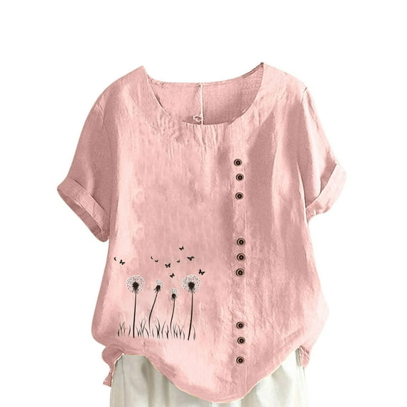TKLPEHG Blouses for Women Dressy Casual Crew Neck Button Roll Sleeve T-shirt Comfy Soft Summer Loose Fitted Short Sleeve T Shirts Fashion Print Tshirt Womens Clothes (Pink,L)