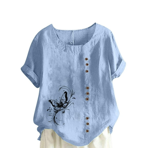 TKLPEHG Blouses for Women Dressy Casual Crew Neck Button Roll Sleeve T-shirt Short Sleeve T Shirts Fashion Print Tshirt Summer Comfy Soft Loose Fitted Womens Clothes (Light Blue,L)