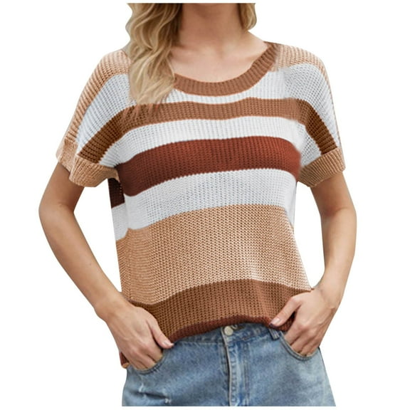 TKLPEHG Blouses for Women Dressy Casual Crew Neck Knitted Shirt Striped Print Tshirt Loose Fitted Comfy Soft Summer Short Sleeve T Shirts Fashion Womens Clothes (Khaki,M)