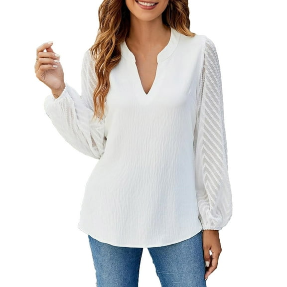 TKLPEHG Blouses for Women Dressy Casual V-Neck Lace Elegant Shirts Fashion Solid Color Loose Comfy Lightweight Long Sleeve T Shirt Fall Tops Blouses Pullover (White,M)