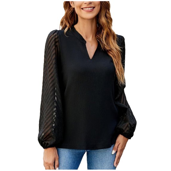 TKLPEHG Blouses for Women Dressy Casual V-Neck Lace Elegant Shirts Fashion Solid Color Loose Comfy Lightweight Long Sleeve T Shirt Fall Tops Blouses Pullover (Black,M)