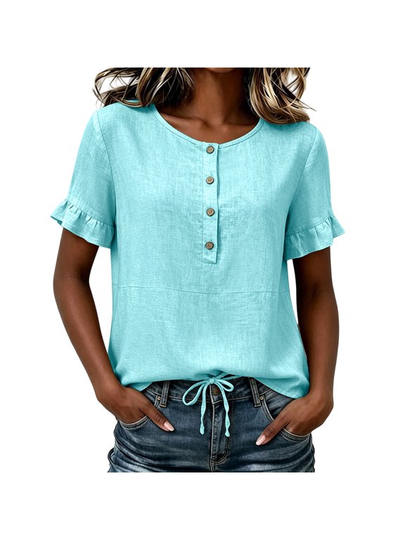 Blouses for Women Dressy Casual Crew Neck Short Sleeve Blouse Ruffle Cuff Tie Front Hem Summer Top Loose Fit Solid Color Shirt (Sky Blue,S)