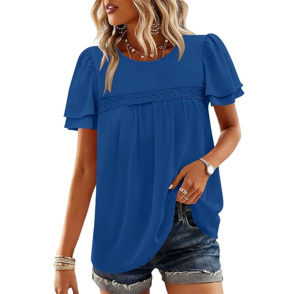 TKLPEHG Blouses for Women Dressy Casual Ruffle Short Sleeve Chiffon Shirts Casual Flowy Lace Hem Boho Clothing (Blue,S)
