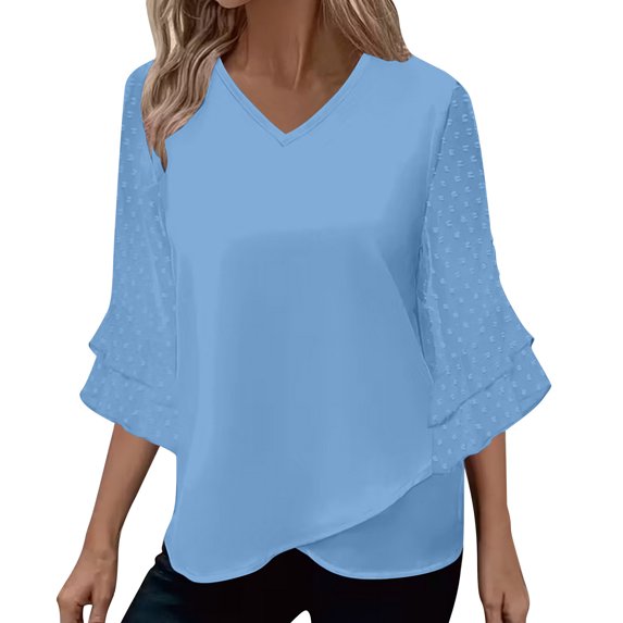 TKLPEHG Blouses for Women Dressy Elegant V Neck Tiered Ruffle Bell Sleeve Tunic Tops for Leggings Casual Loose Fit Shirt For Ladies (Blue,L)