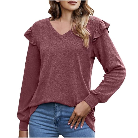 TKLPEHG Blouses for Women V-Neck Basic Tunic Tops Comfy Loose Fall Tops Fashion Solid Color Long Sleeve T Shirt Casual Lightweight Pullover (Wine,S)