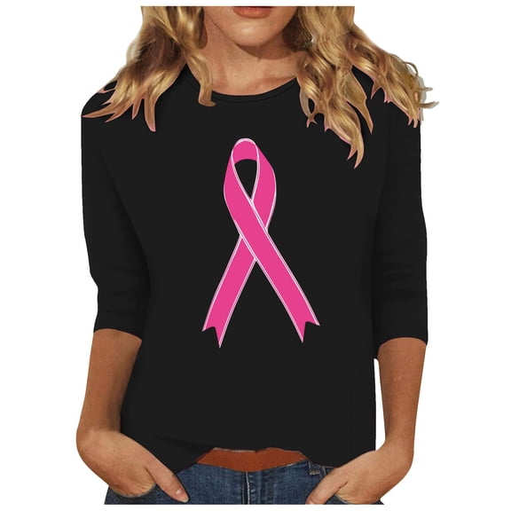 TKLPEHG Breast Cancer Awareness Shirt for Women 3/4 Sleeve Tops Pink Ribbon Shirt Causal Crewneck Tshirt (Black,XXL)