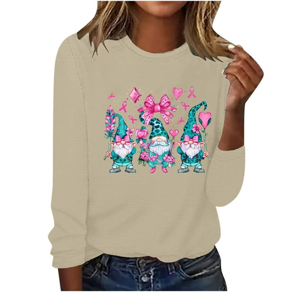 TKLPEHG Breast Cancer Shirts for Women Thin Long Sleeve Shirts Women Pink Ribbon Shirt Round Neck Comfy Casual Clothes (Beige,L)