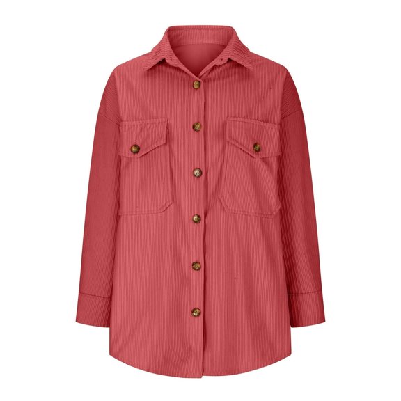 TKLPEHG Button Down Shirts for Women Fall Fashion Thin Coats Dressy Casual Work Jacket Lapel Long Sleeve Tops Coats with Pocket (Red,S)