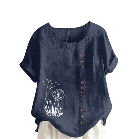 TKLPEHG Casual Tops for Women Crew Neck Button Roll Sleeve T-shirt Comfy Soft Summer Loose Fitted Short Sleeve T Shirts Fashion Print Tshirt Womens Clothes (Navy,XXXXL)